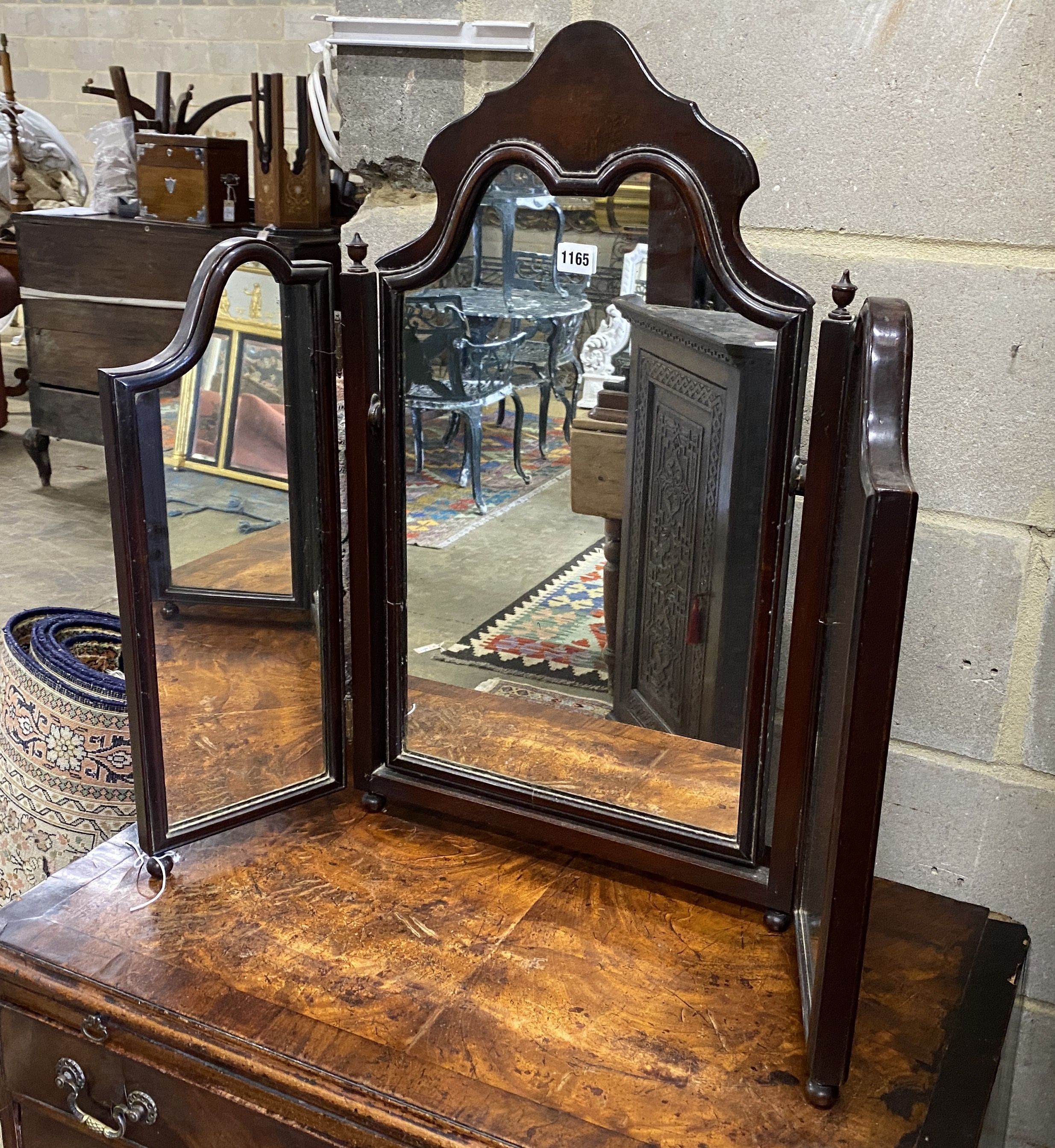 A Queen Anne revival walnut triple folding dressing table mirror, height 74cm